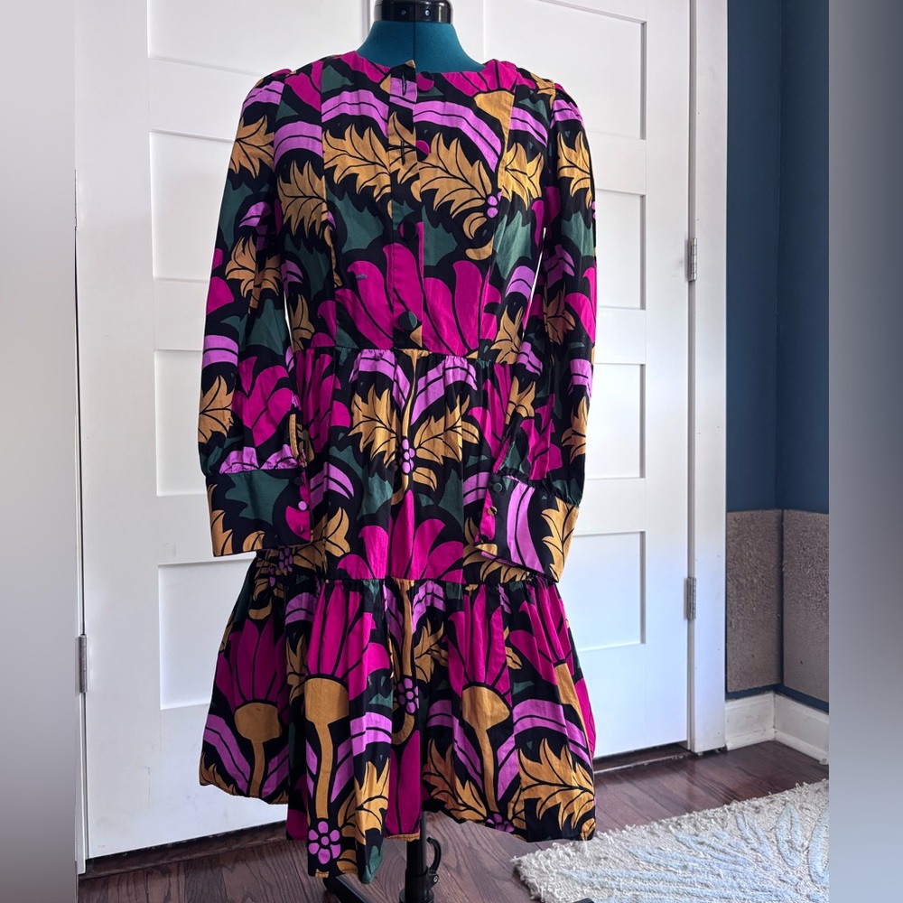 Long-Sleeve Floral Tiered Dress in Fuchsia, Mustard & Deep Green